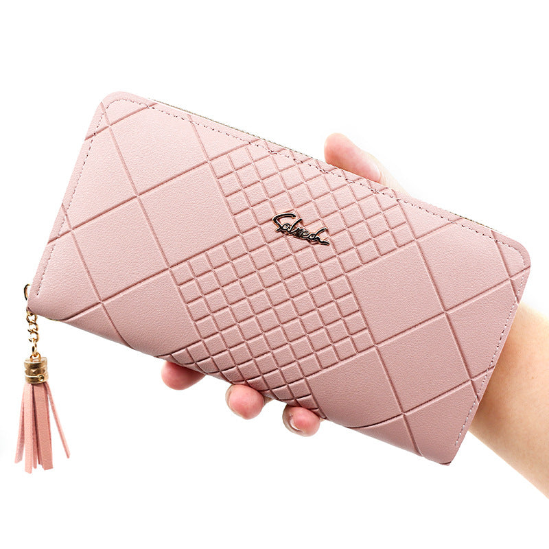 Women's Long Portable Mobile Simple Embossed Tassel Bags