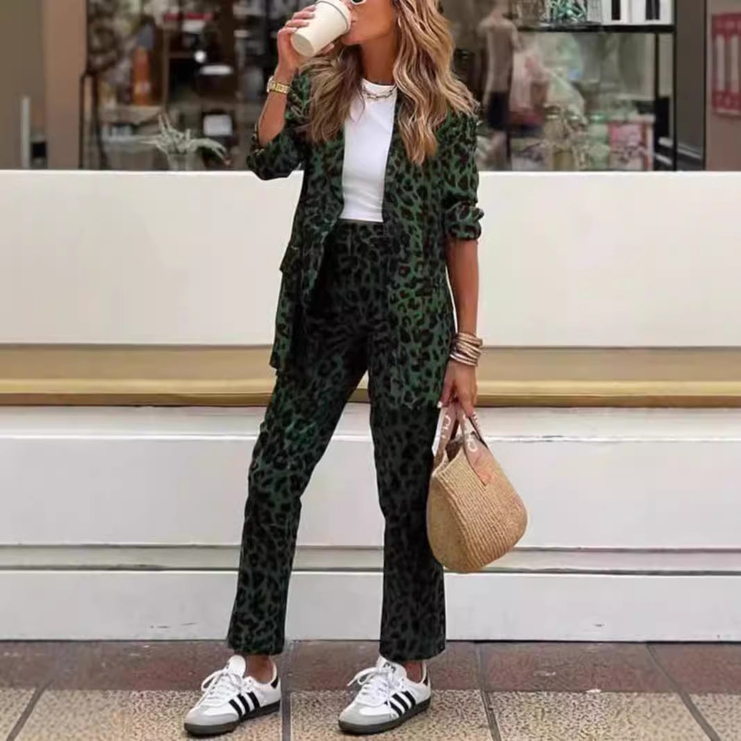 Women's Leopard Print Printed Long-sleeved High Waist Suits