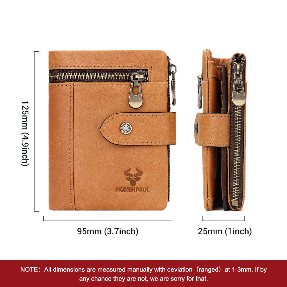 First Layer Cowhide Zipper Multiple Slots Pocket Men's Wallets