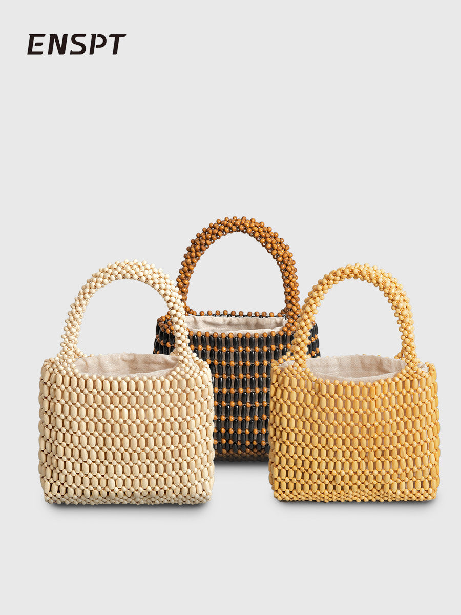 Women's Fashion With Wooden Beads Decoration Hand-woven Handbags