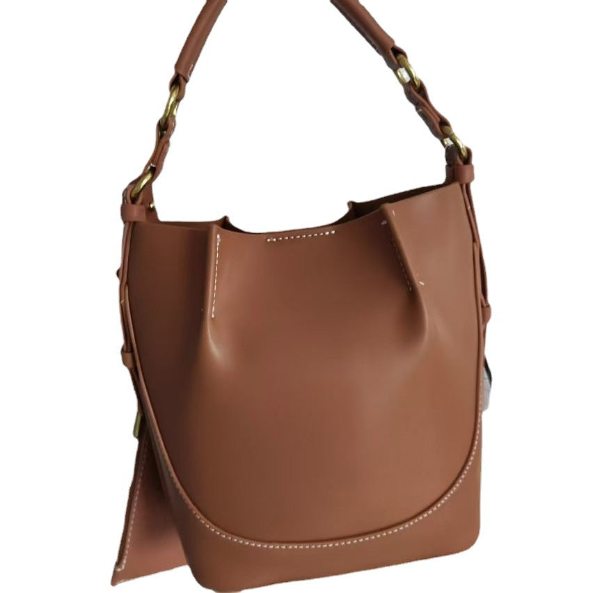 Women's Capacity Wide Strap Brown Drawstring Portable Bucket Bags
