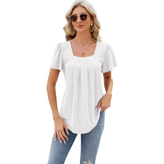 Women's Pleated Square Collar Jacquard Short-sleeved Dovetail Blouses