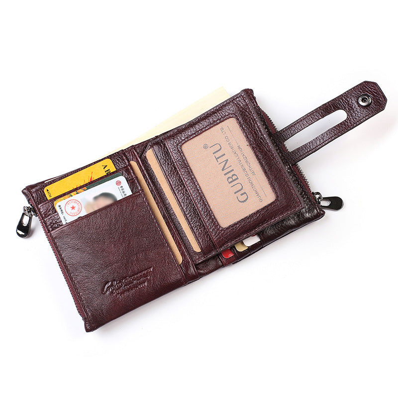 Men's Leather Vintage Short Double Zipper Large Men's Wallets