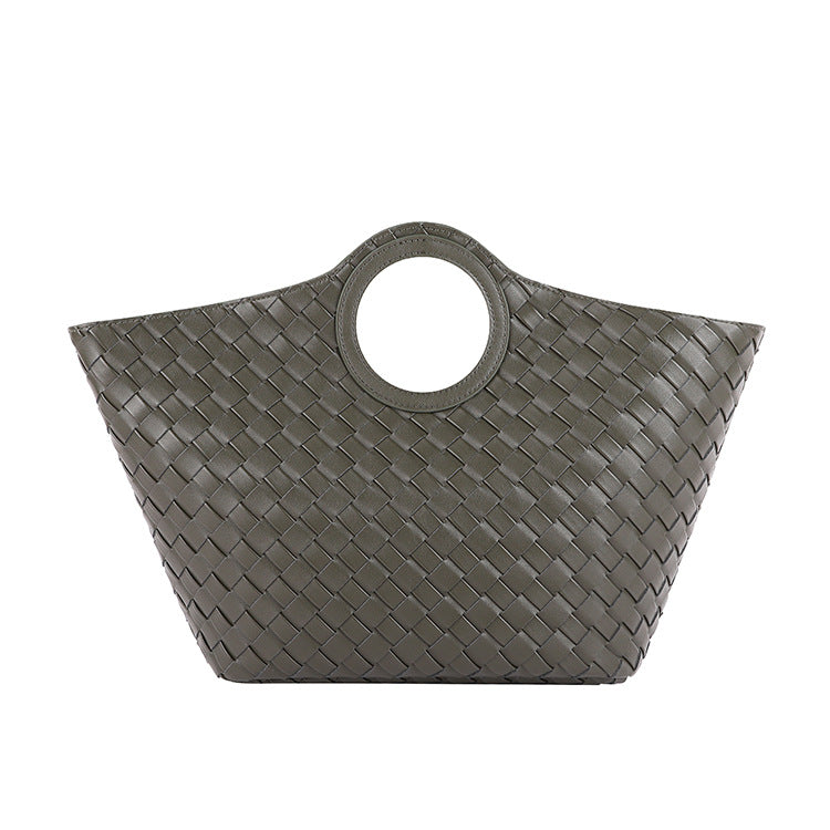 Women's Genuine Leather Fashion Classic Woven Portable Vegetable Basket Mother Rhombus Handle