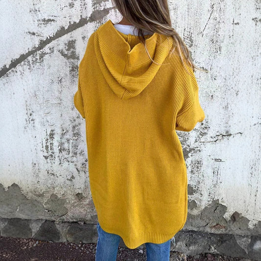 Women's Long Hooded Knitted With Pocket Buttons Sweaters