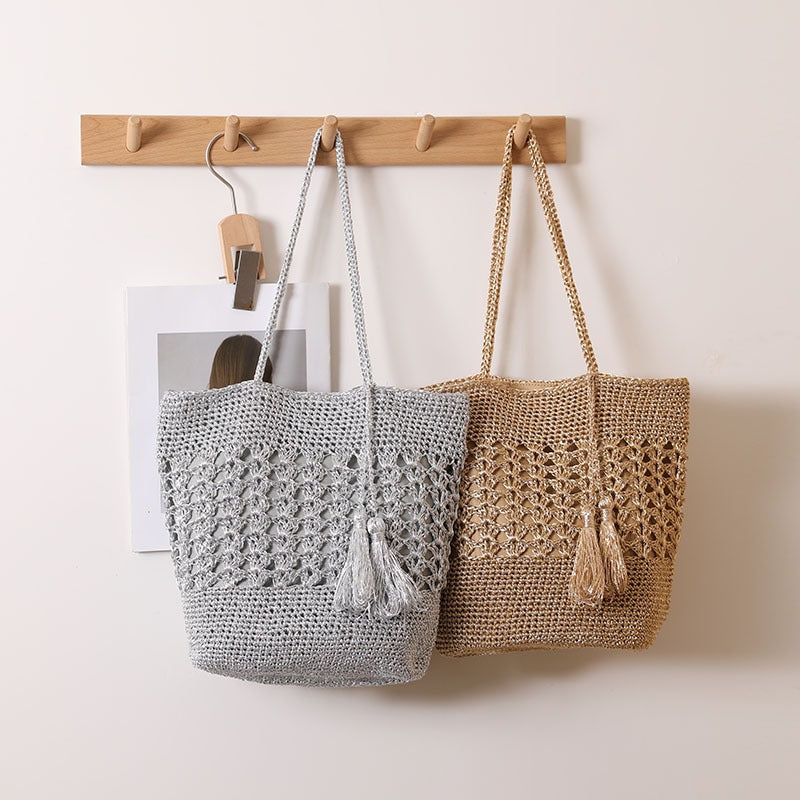 Women's Capacity Hollow Straw Tassel Woven Vacation Shoulder Bags