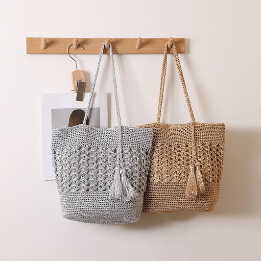 Women's Capacity Hollow Straw Tassel Woven Vacation Shoulder Bags