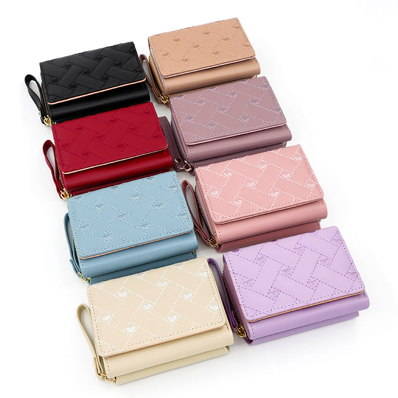 Women's Short Chic Embroidered Love Female Tri Fold Multiple Ladies Wallet