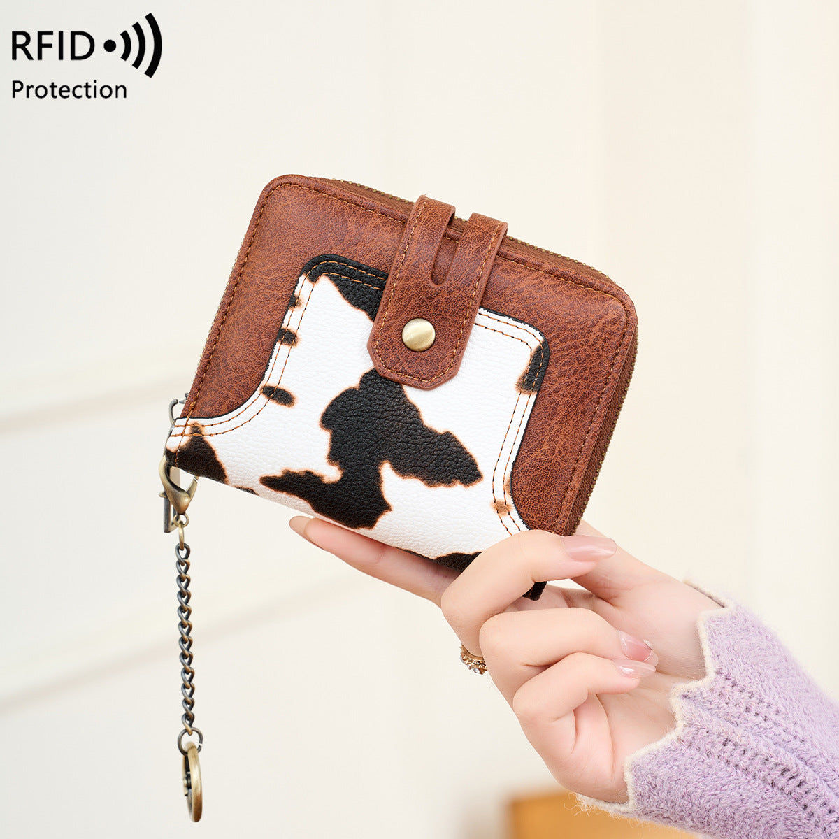 Women's Swiping Chain Printing Color Contrast Short Ladies Wallet