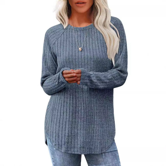 Women's Autumn Loose Round Neck High Low Blouses