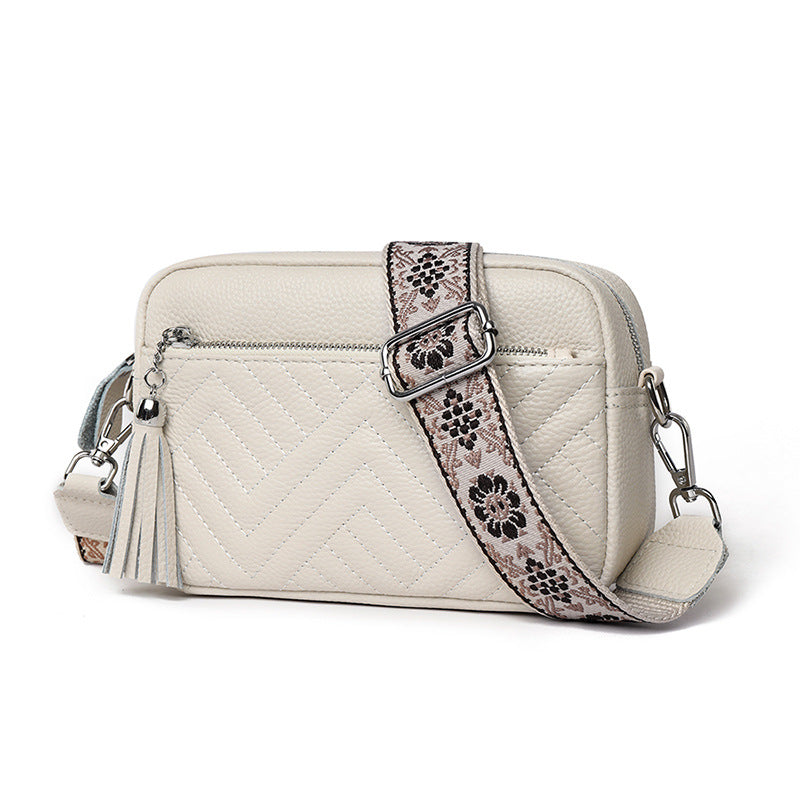 Women's First Layer Cowhide Vintage Embroidery Thread V Grid Crossbody Bags