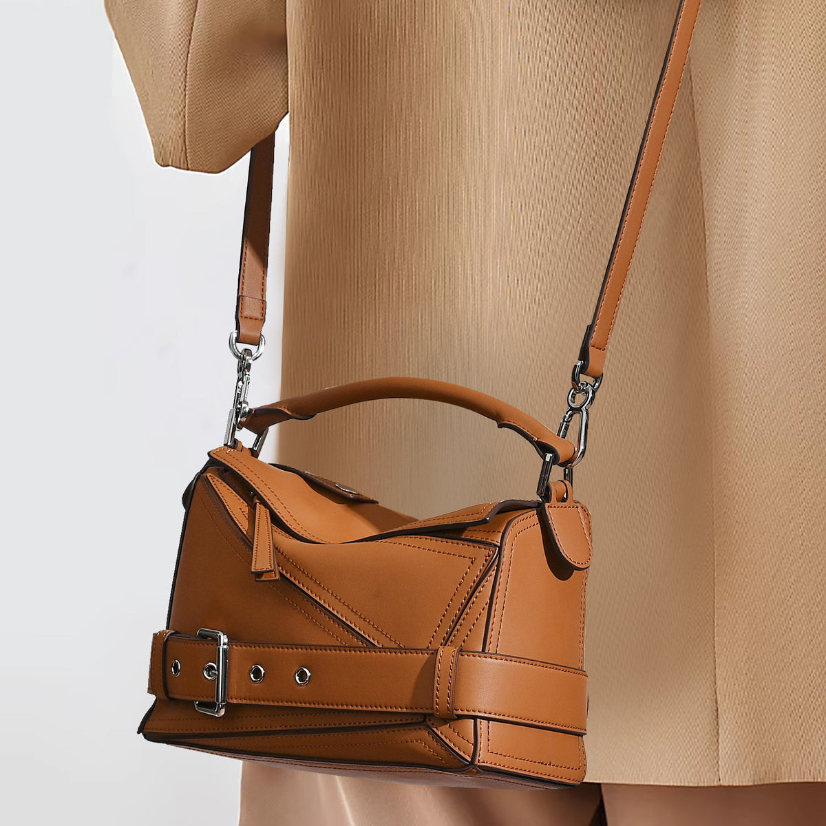 Women's Autumn First Layer Cowhide Geometric Motorcycle Genuine Leather Large Women's Handbag