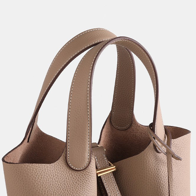 Layer Cowhide Lychee Pattern Solid Color Bucket Bags