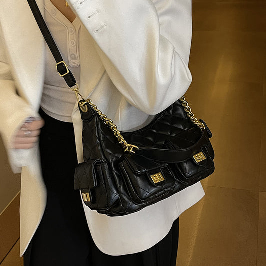 Women's Diamond Pattern Chain Design Motorcycle Underarm Crossbody Bags