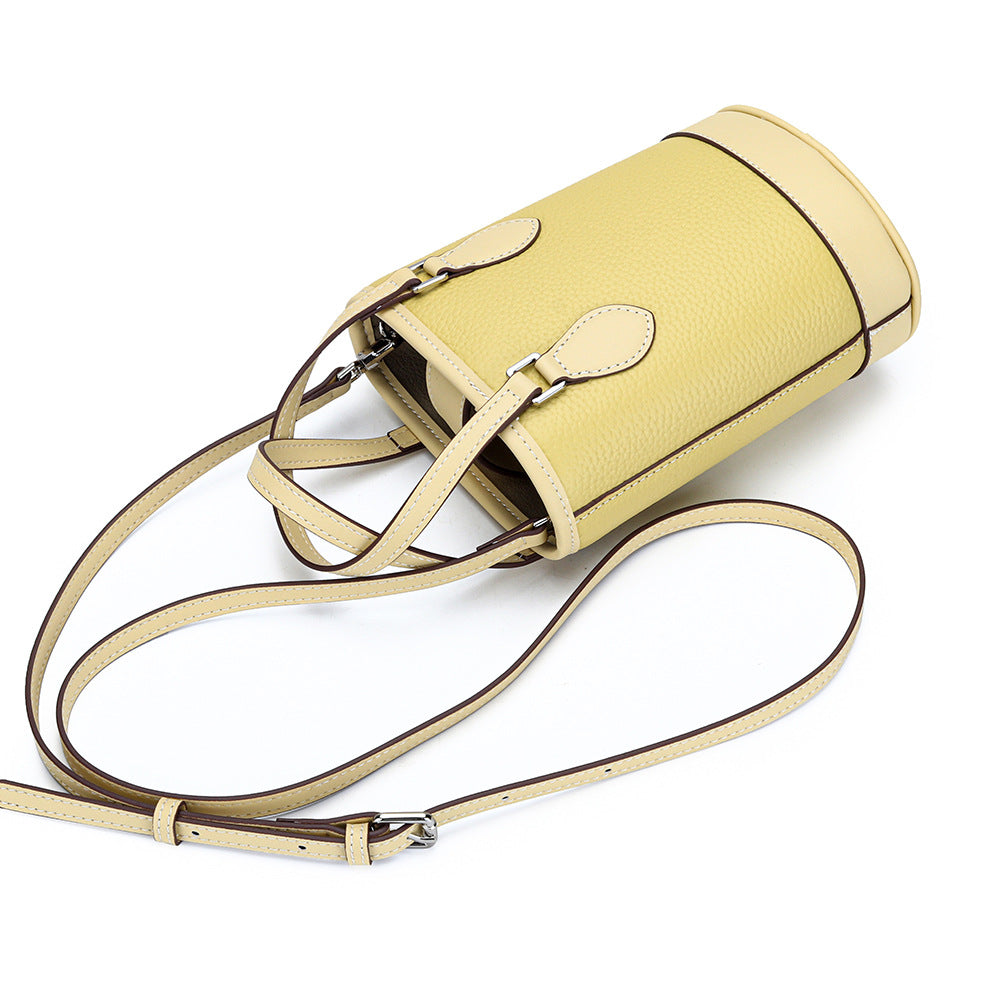 Women's Fashion Color Contrast Vertical Portable Design Genuine Bucket Bags