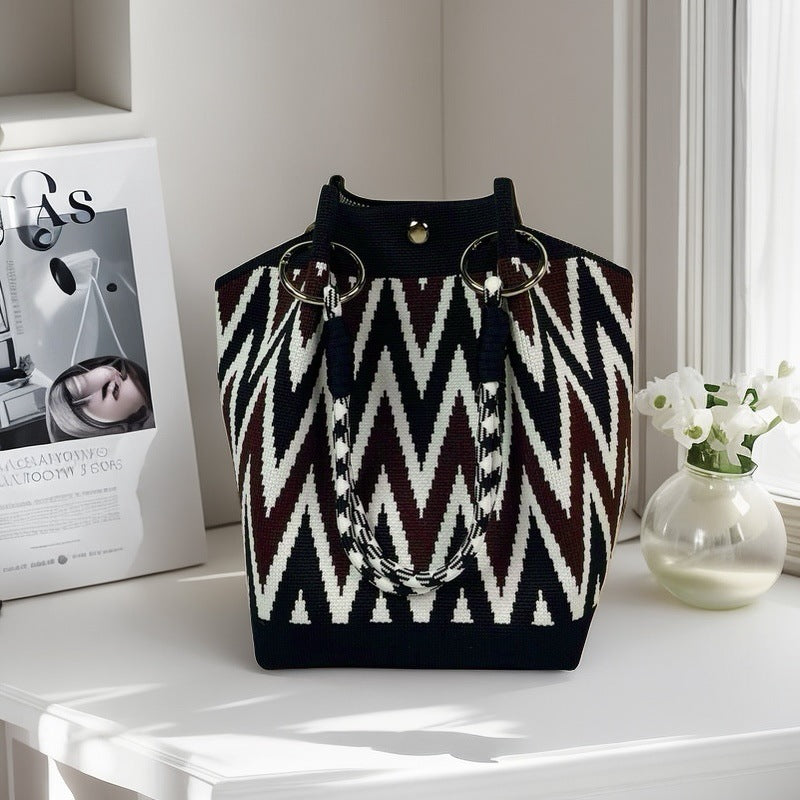Design Black White Rhombus Knitted Versatile Large Women's Handbag