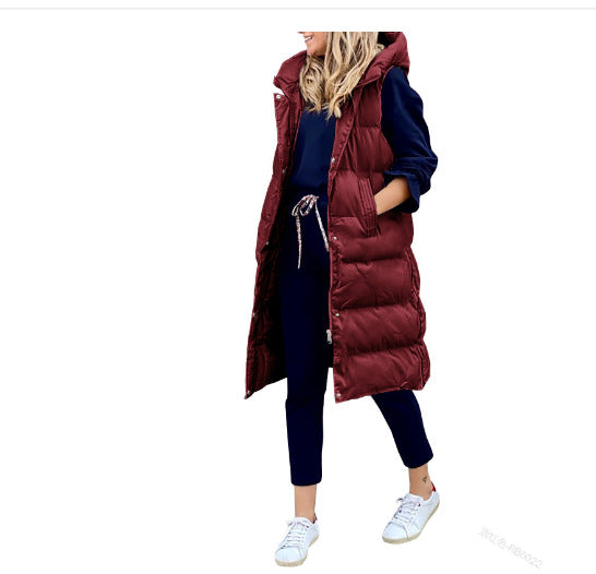 Color Hooded Single-breasted Mid-length Cotton Slim Vests