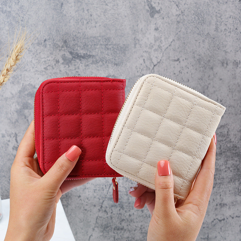 Women's Short Korean Multiple Slots Zipper Hasp Plaid Coin Purses