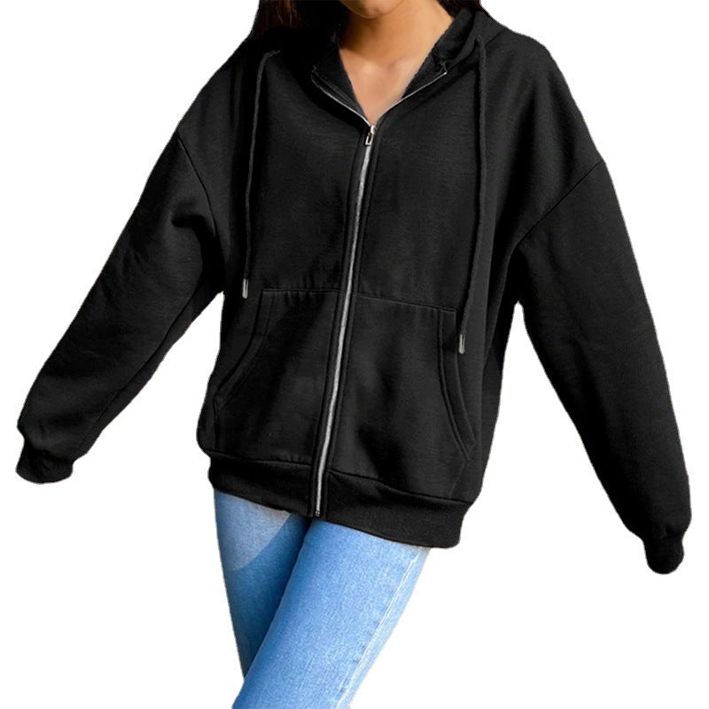 Women's Solid Color Hooded Fleece-lined Long-sleeved Loose Sweaters