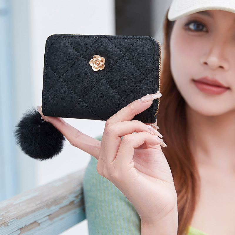 Women's Fashion Rhombus Short Fur Ball Rose Ladies Wallet
