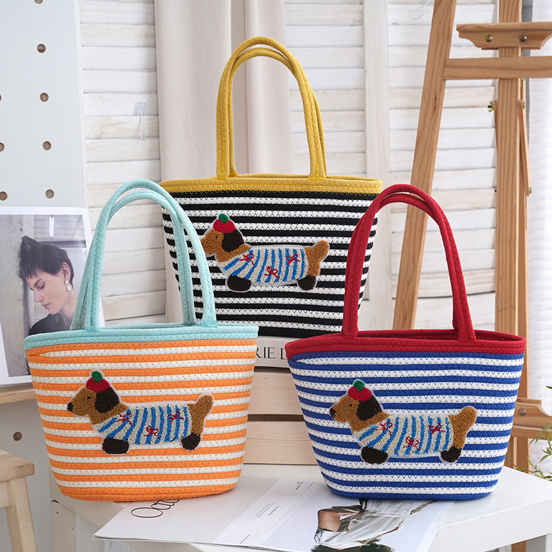 Women's Cotton String Woven Large Capacity Totes Cartoon Sausage Dog Women's Handbag