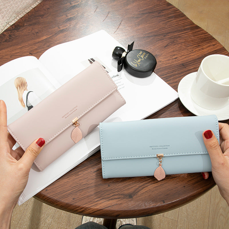 Long Korean Style Leaf Pendant Trifold Ladies Wallet