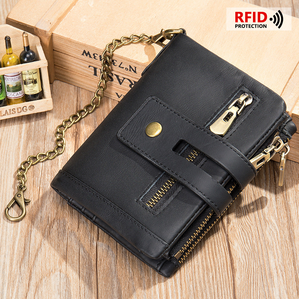Men's Swiping Multifunctional Zipper Short Chain Genuine Men's Wallets
