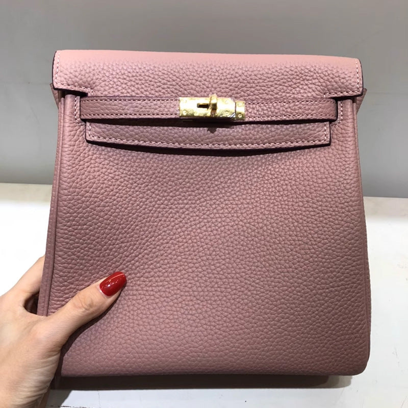 Women's First Layer Cowhide Lychee Pattern Kelly Backpacks