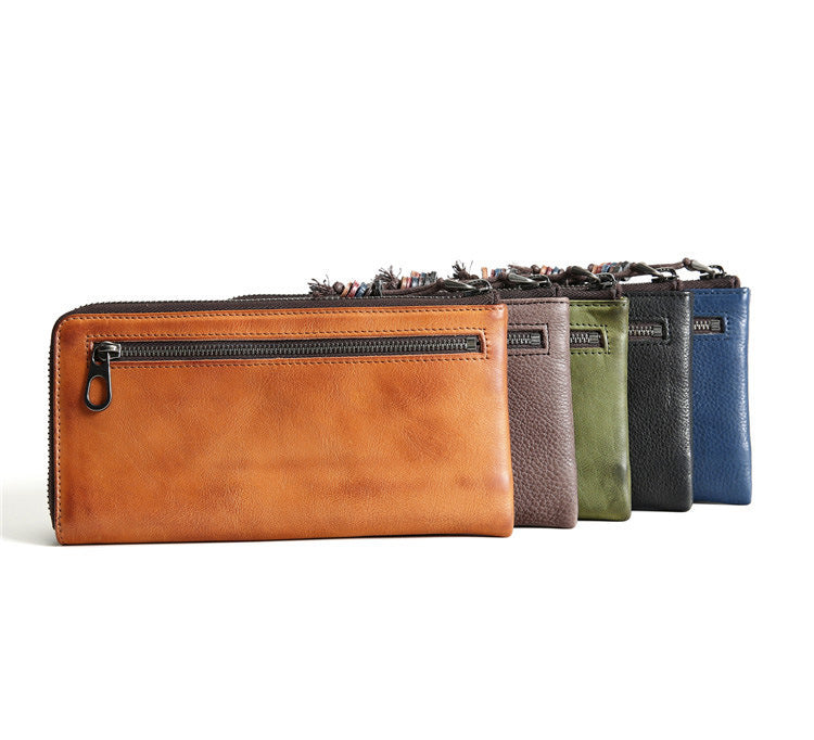 Women's & Men's Handmade Retro Long Genuine Leather Cowhide Clutch Bags