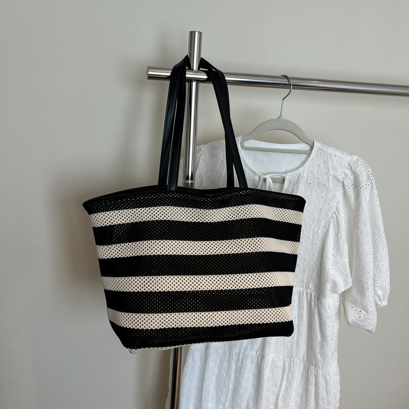 Women's Simple Striped Large Capacity Fashion Hollow Black White Women's Shoulder Bag