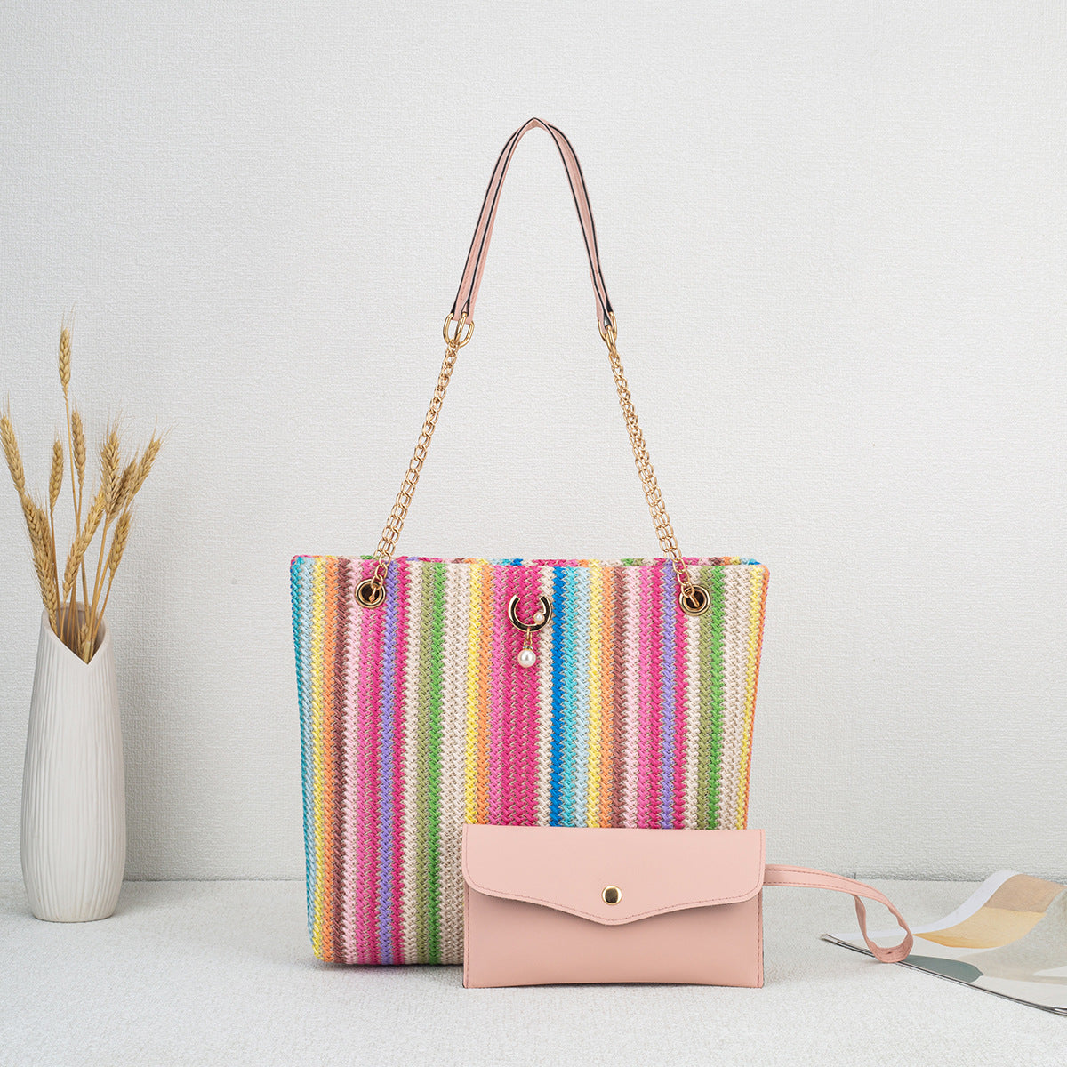 Fresh Sweet Rainbow Knitted Fashion Style Trendy Cat Head Pearl Shoulder Bags