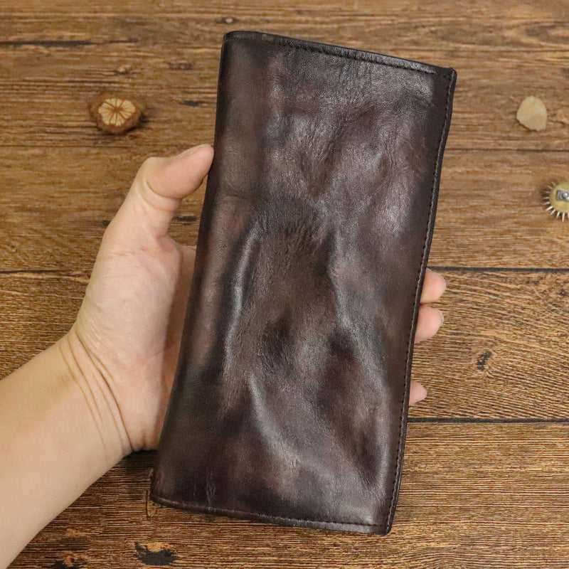 Men's Layer Cowhide Handmade Distressed Pleated Long Men's Wallets