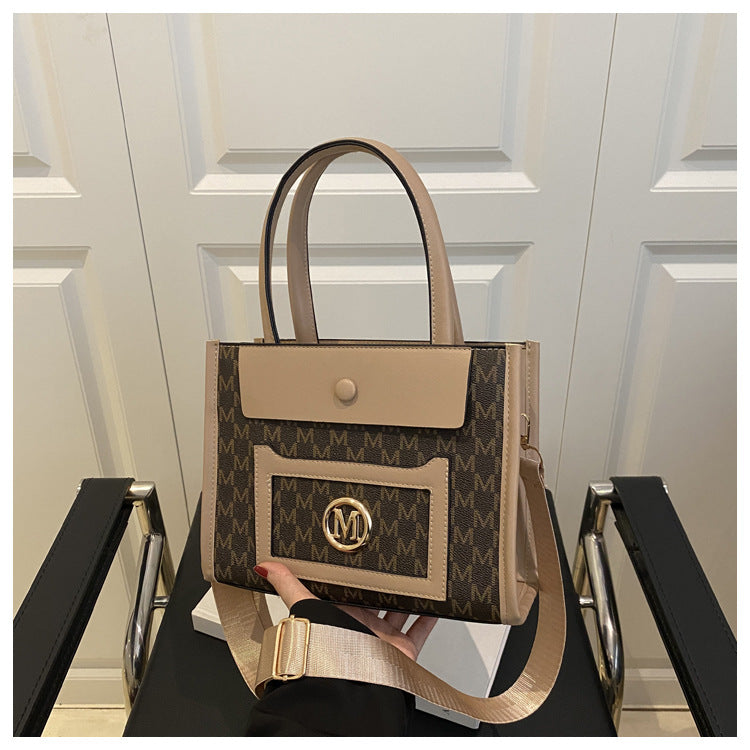 Women's Large Capacity Gilding Letters Western Style Printed Stitching Women's Shoulder Bag