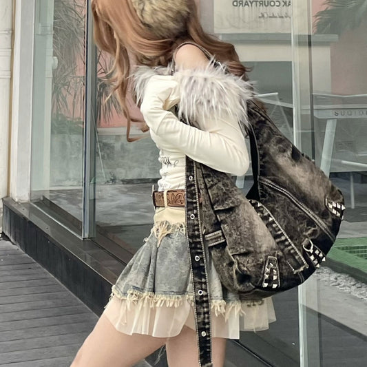 American Retro Denim Street Fashion Daily Shoulder Bags