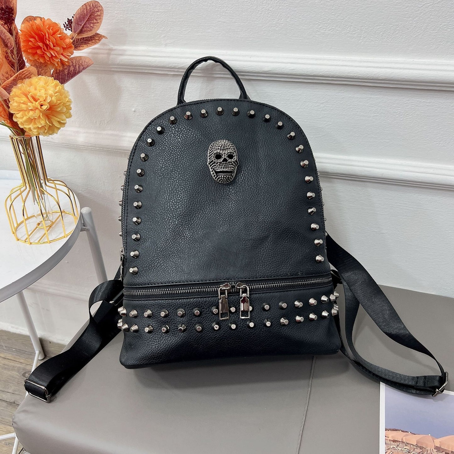 Women's Classical Versatile Soft Leather Rivets Skull Backpacks