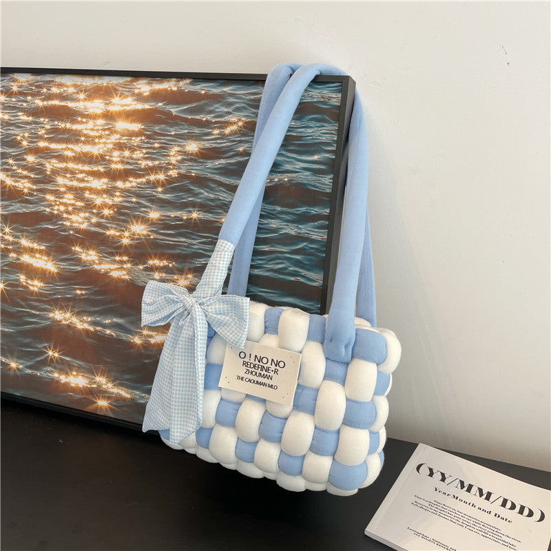 Coarse Yarn Cotton Candy Chessboard Hand-woven Homemade Women's Shoulder Bag