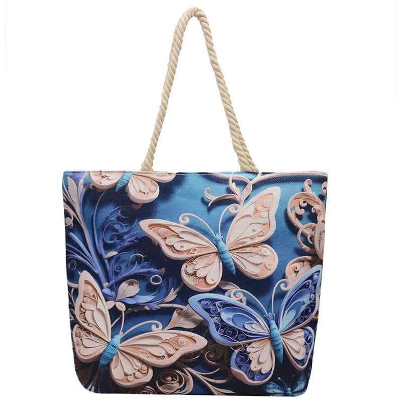 Double-sided Beach Imitation Linen Hot Printed Pattern Large Capacity Canvas Women's Shoulder Bag