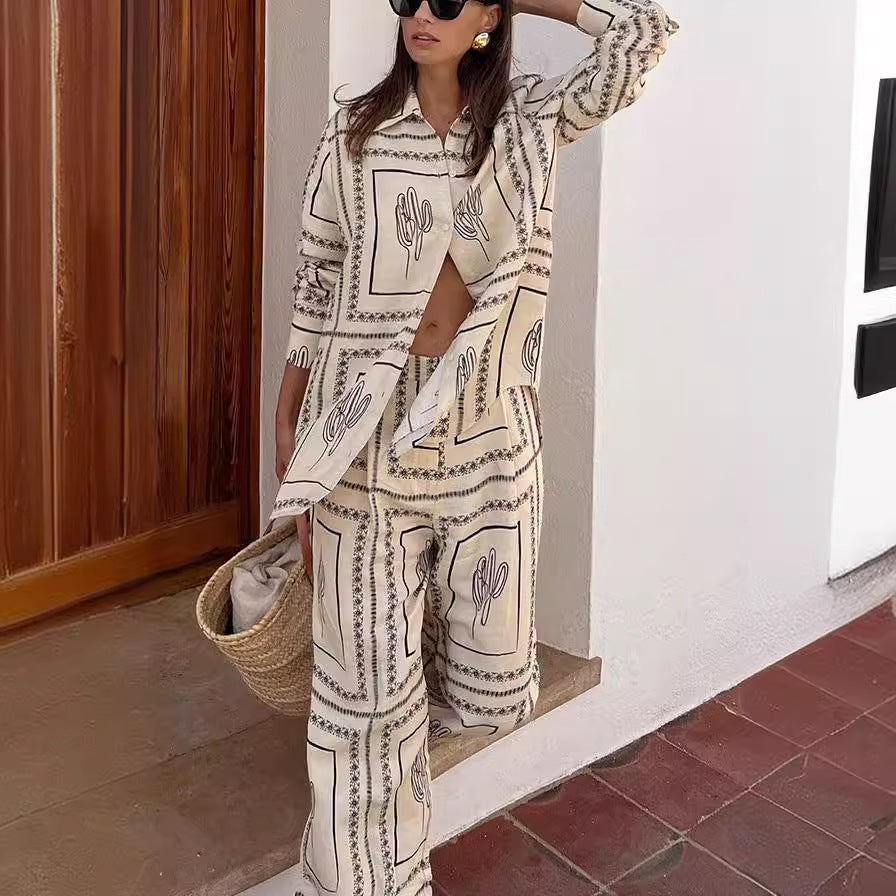 Printed Long-sleeved Shirt Trousers Two-piece Home Suits