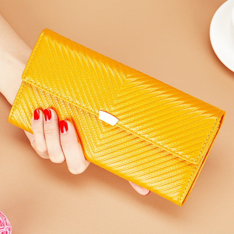 Women's Yellow Long Lucky First Layer Cowhide Ladies Wallet