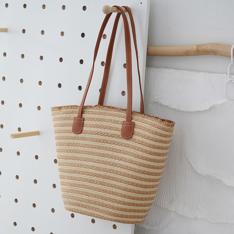 Versatile Large Capacity Seaside Pastoral Style Classic Striped Women's Handbag