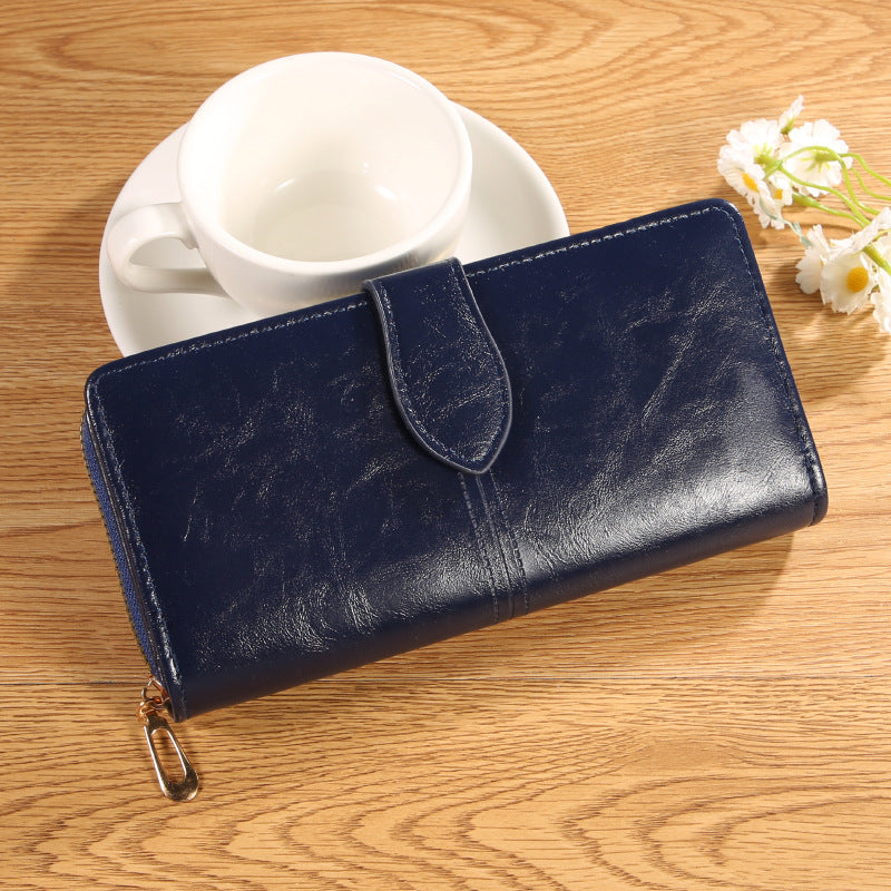 Women's Oil Wax Leather Long Zipper Large Ladies Wallet