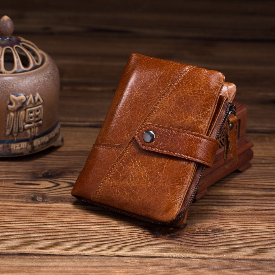 Men's Leather Short Portable Cowhide Zipper Change Ladies Wallets