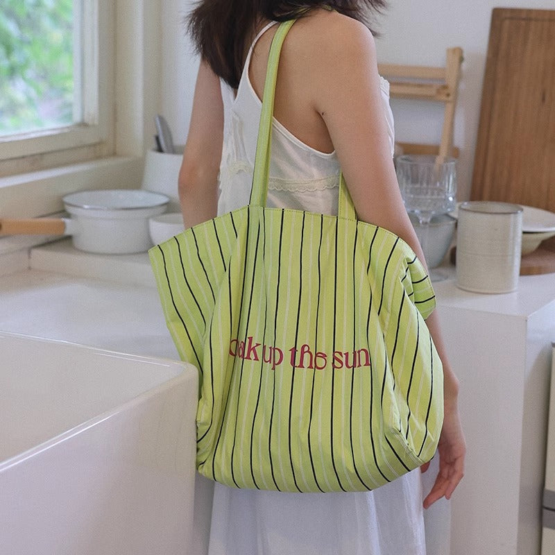 Women's Korean Fashion Striped Canvas Large Capacity Totes Shoulder Bags