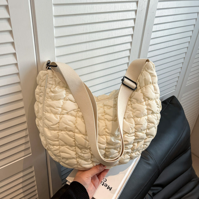 Women's Style Plaid Pleated Cloud Large Capacity Dumpling Soft Down Cotton Women's Shoulder Bag