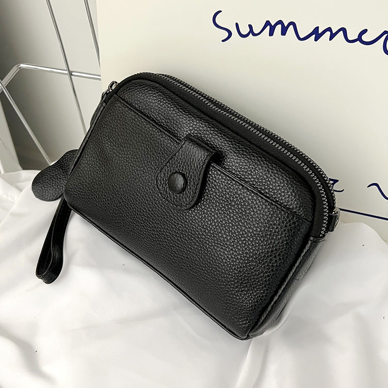 Women's Top Layer Cattlehide Leather Fashion Double Zipper Clutch Leisure Women's Shoulder Bag