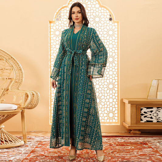 Muslim Robe Mesh Embroidery Saudi Dress Clothing