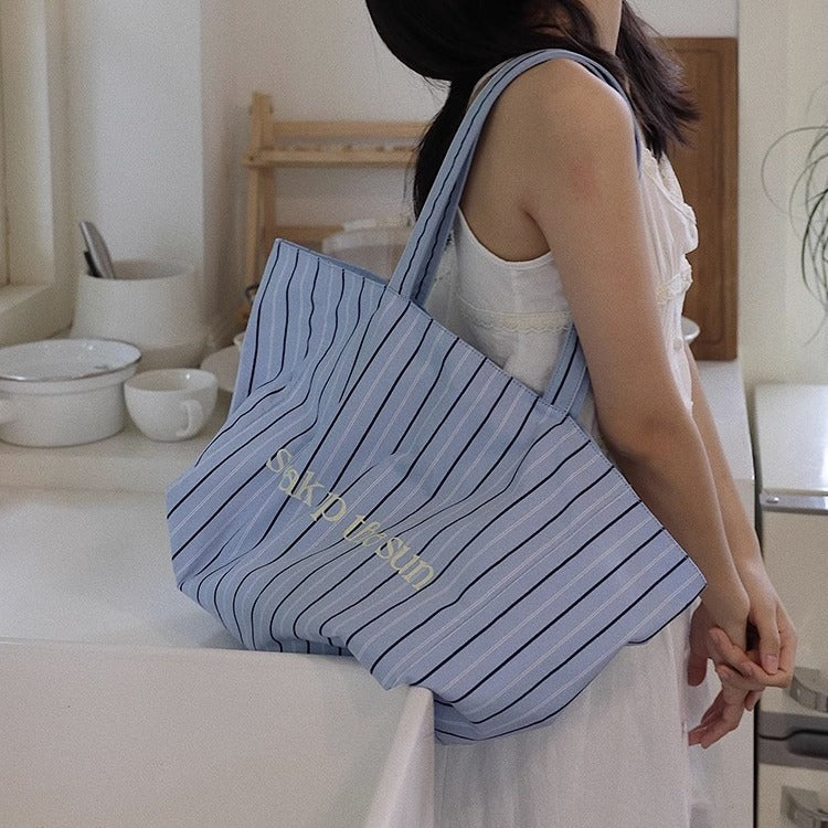 Women's Korean Fashion Striped Canvas Large Capacity Totes Shoulder Bags