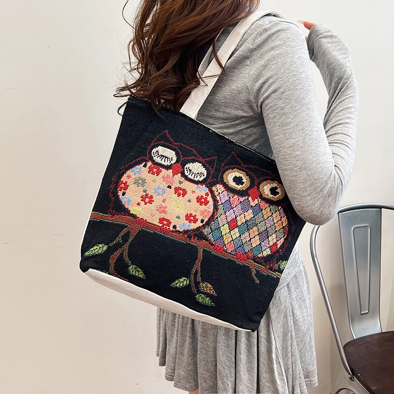 Women's Yarn-dyed Canvas Embroidered Portable Fashion Large Shoulder Bags