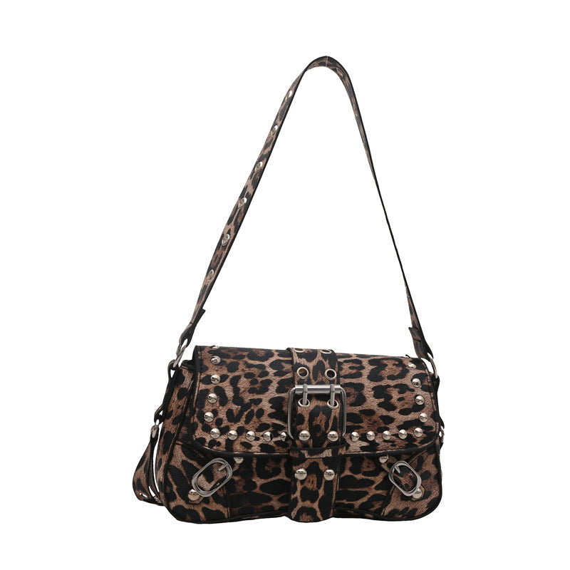 Women's Rivet Leopard Print Personality Design Motorcycle Underarm Women's Shoulder Bag