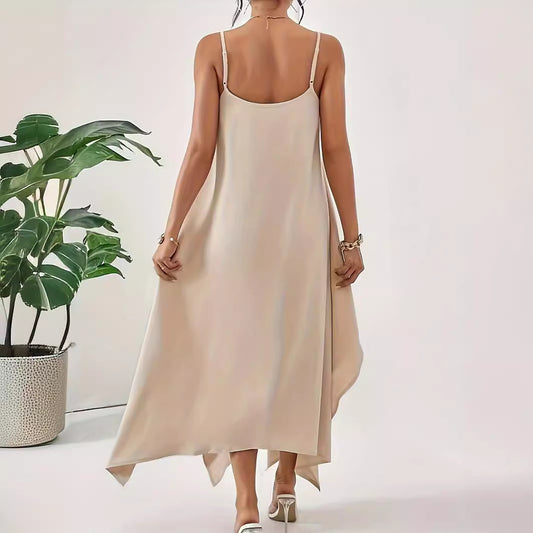 Women's Fashion Solid Color Strap Backless Irregular Sleeveless Dresses